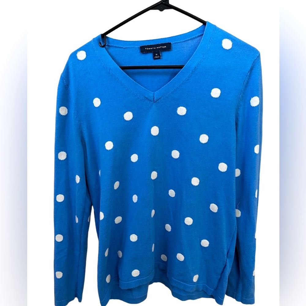 Tommy Hilfiger Blue/White Polka Dot Cotton Sweater Size Medium
